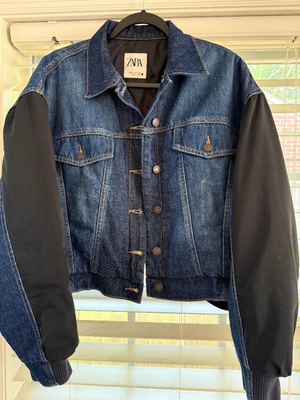 Zara Contrasting Denim Bomber Jacket - Denim and Black